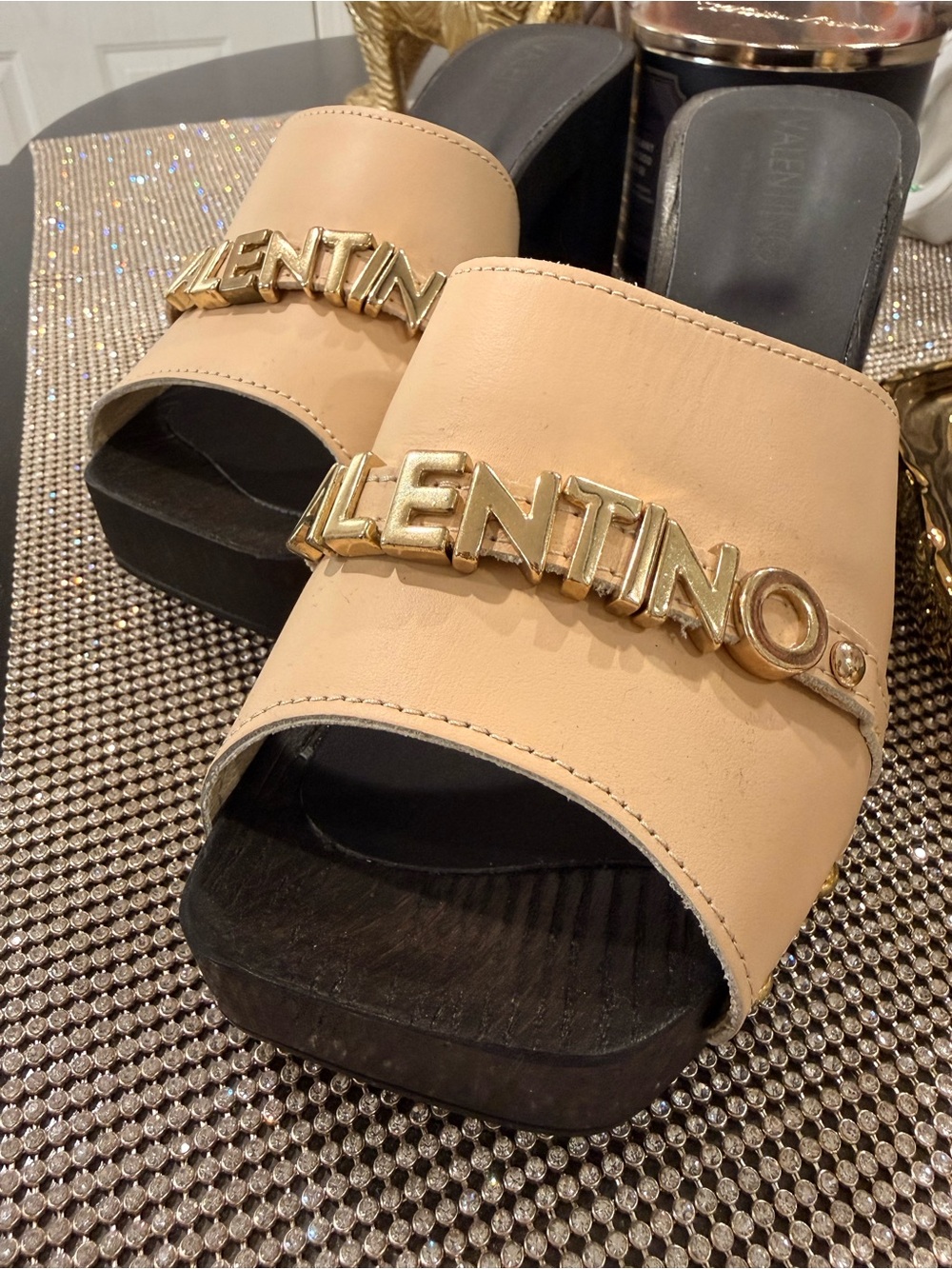 Mario Valentino Beige Leather Slide Sandals with Gold Finish lettering